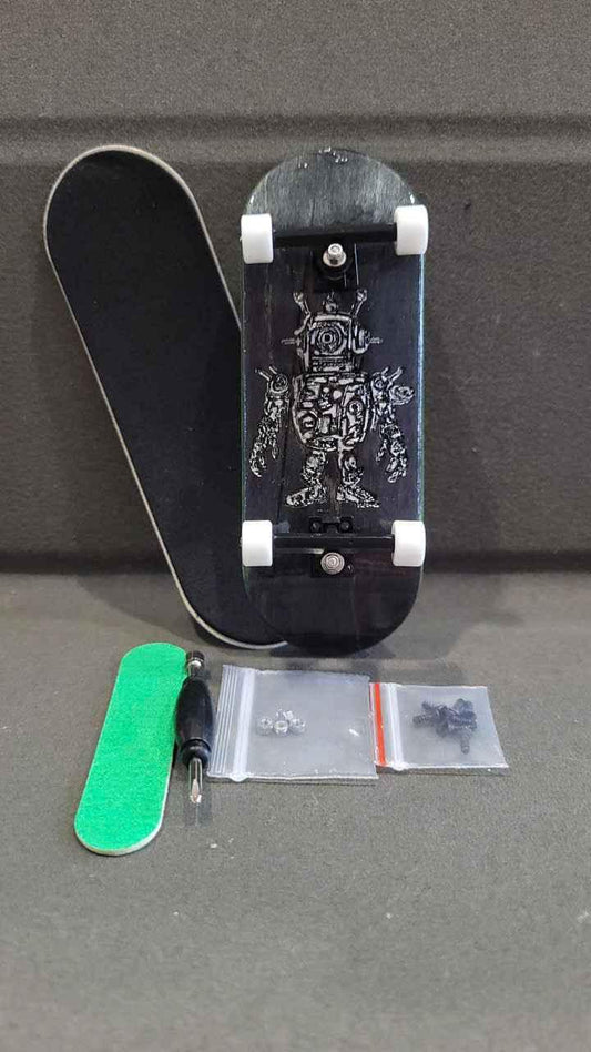 Custom handmade fingerboard deck with robot graphic, miniature trucks, wheels, and tools.