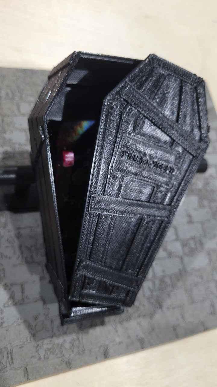 Black 3D printed coffin-shaped fingerboard accessory box