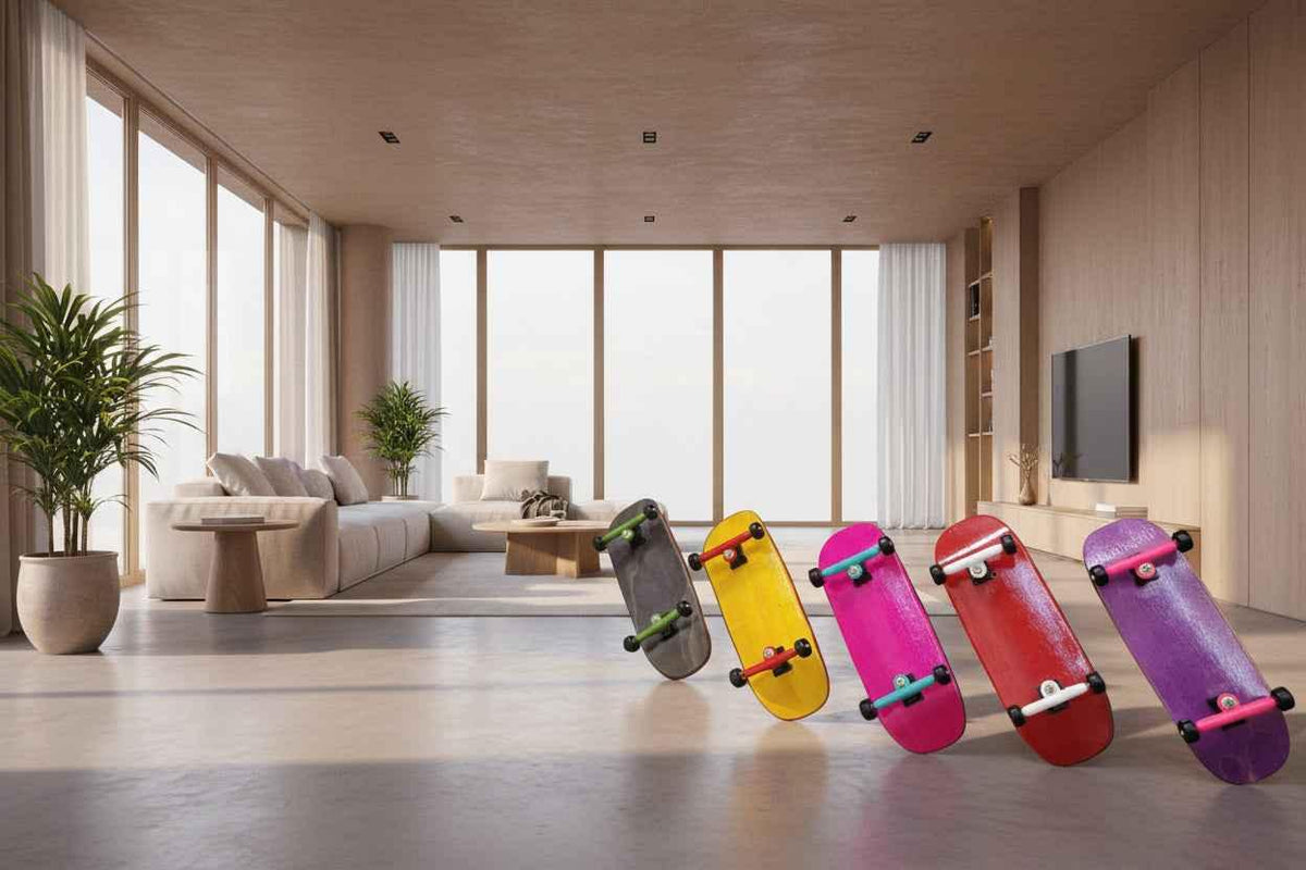 Five colorful skateboards leaning against a wall in a modern minimalist living room.