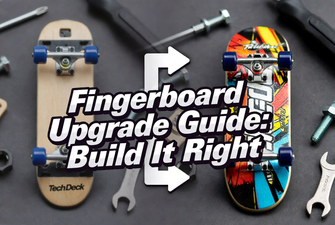 Fingerboard setup with upgraded CNC wheels, trucks, and grip tape on a wooden deck