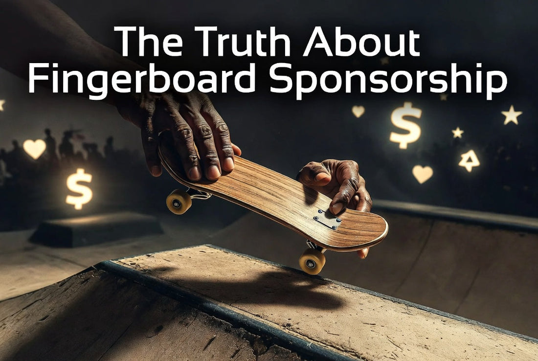 Fingerboard rider performing a trick on a handcrafted wooden ramp