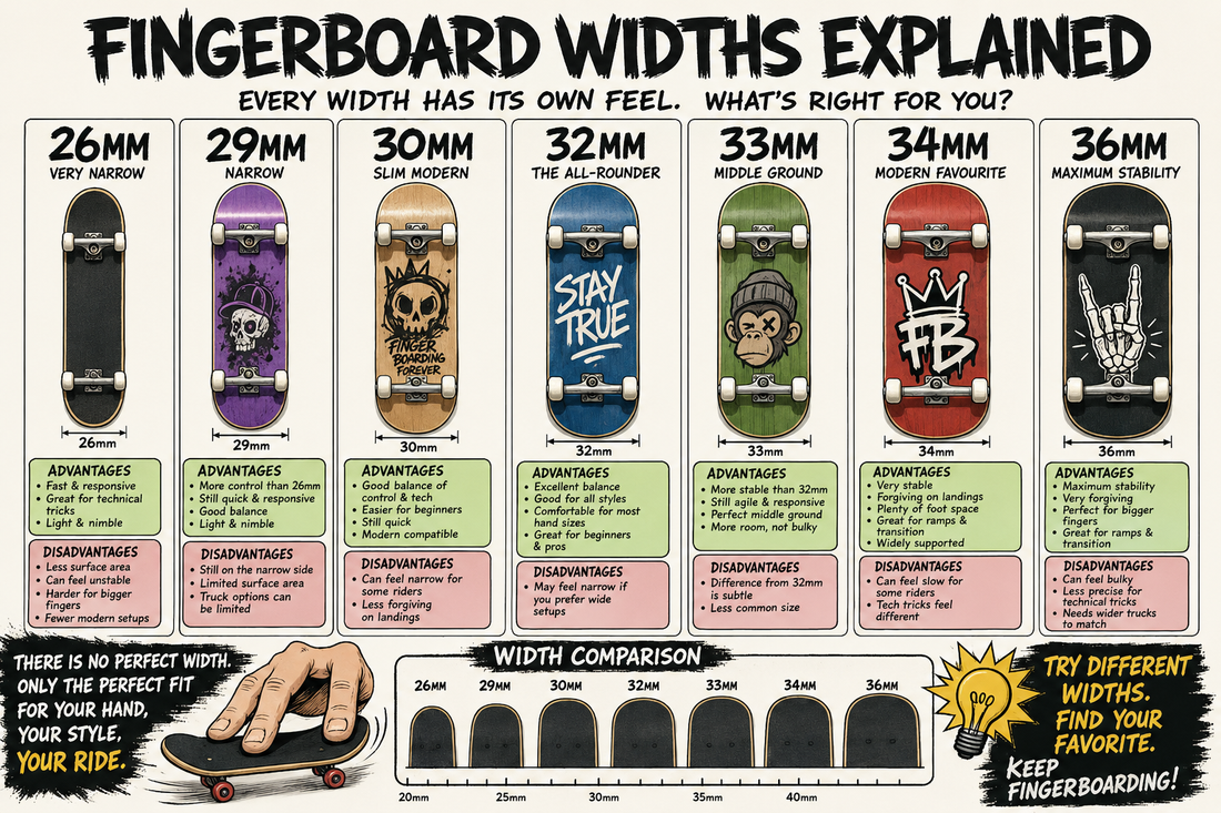 Comparison of fingerboard deck widths from 26mm to 36mm