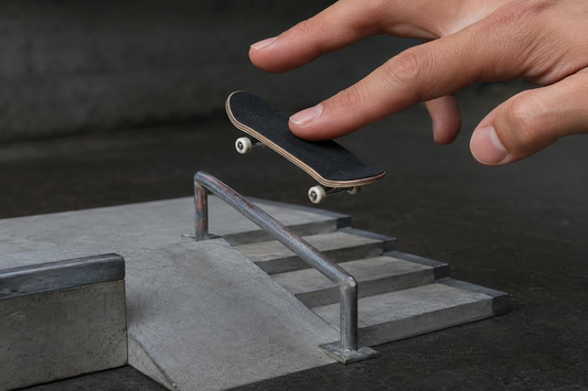 Fingerboard showing advanced flip tricks and technical combinations