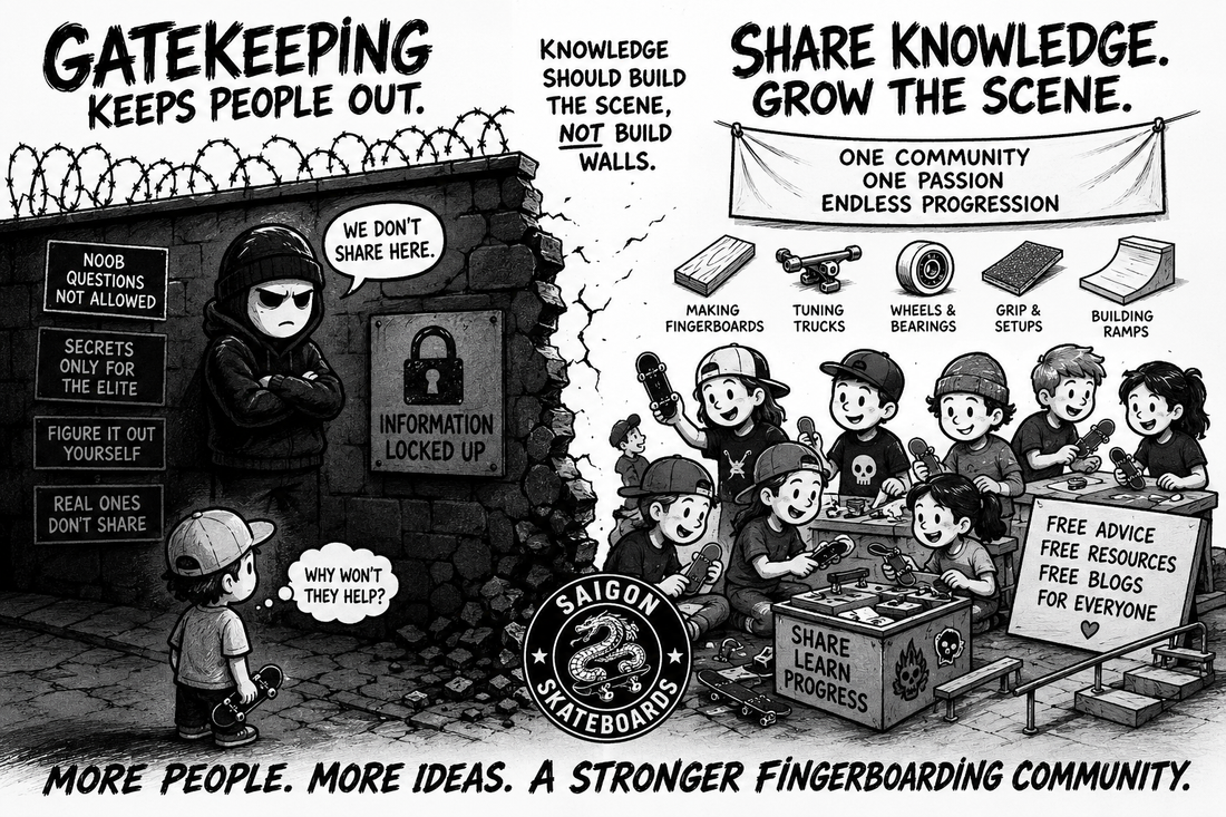 Fingerboarders sharing deck-making knowledge and equipment within the community