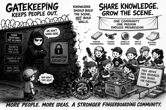 Fingerboarders sharing deck-making knowledge and equipment within the community