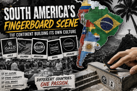South American fingerboard scene with a miniature fingerboard park and handmade obstacles