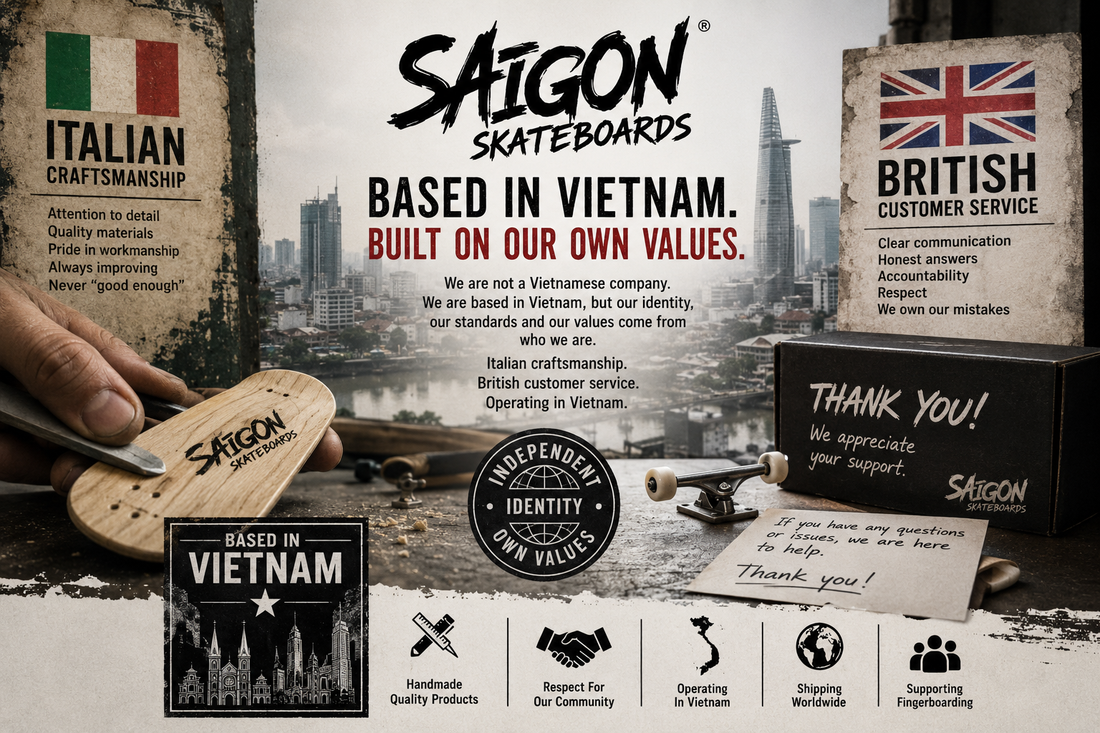 Saigon Skateboards brand identity, based in Vietnam with Italian craftsmanship and British customer service values