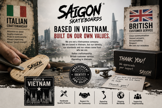 Saigon Skateboards brand identity, based in Vietnam with Italian craftsmanship and British customer service values