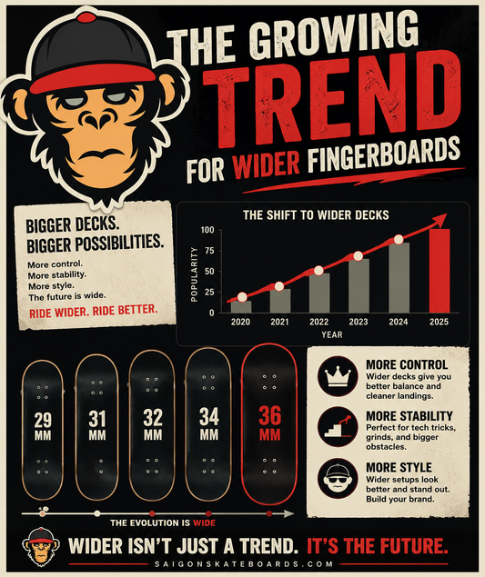 Comparison of fingerboard deck widths from 32mm to 34mm showing the evolution of fingerboard sizing trends