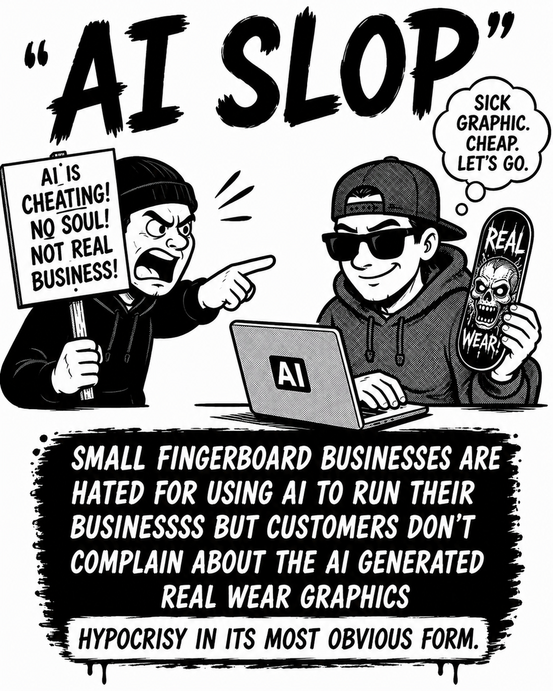 Cinematic editorial image representing the tension between AI technology and handmade craft in the fingerboarding community