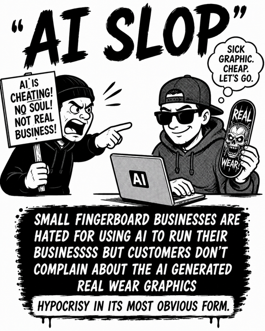 Cinematic editorial image representing the tension between AI technology and handmade craft in the fingerboarding community