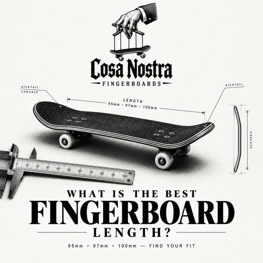 Cosa Nostra Fingerboards illustrated guide comparing fingerboard deck lengths of 95mm, 97mm, and 100mm with a measuring caliper
