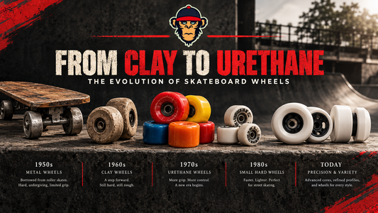 Skateboard wheel evolution from 1950s metal wheels and 1960s clay wheels to colourful urethane and modern white wheels.