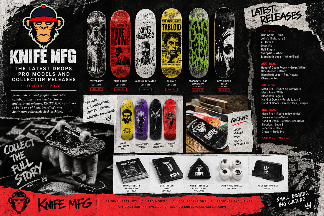 KNIFE MFG October 2026 collage featuring LOT #041 fingerboard decks, pro models, regional exclusives and archive releases.
