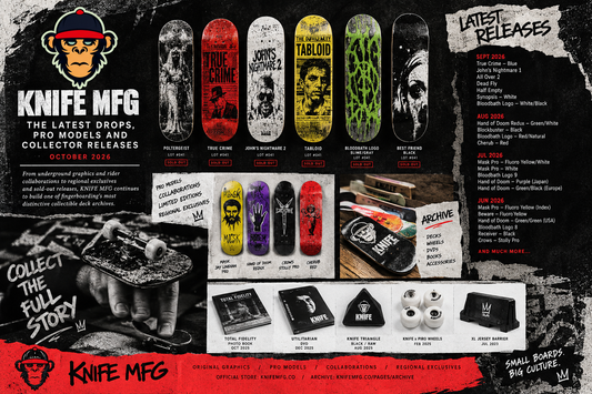KNIFE MFG October 2026 collage featuring LOT #041 fingerboard decks, pro models, regional exclusives and archive releases.