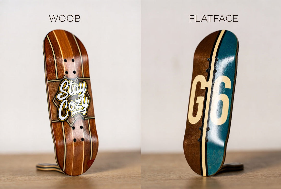WOOB and Flatface fingerboard decks side by side comparison