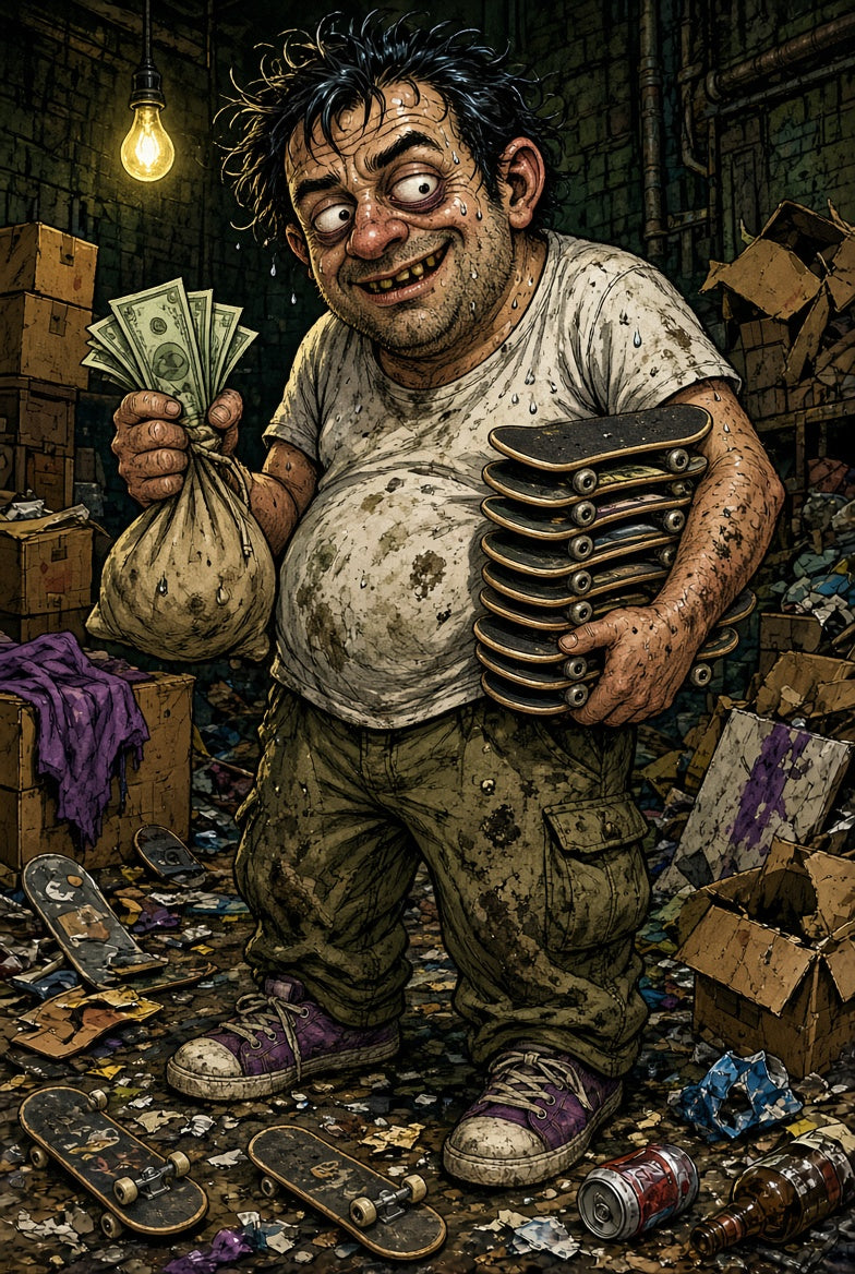 Illustration of a reseller holding money and a stack of fingerboards