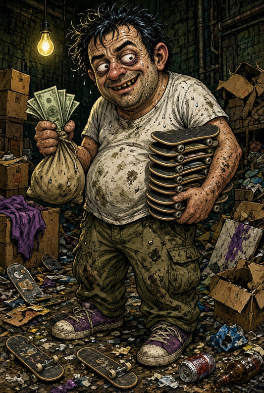 Illustration of a reseller holding money and a stack of fingerboards