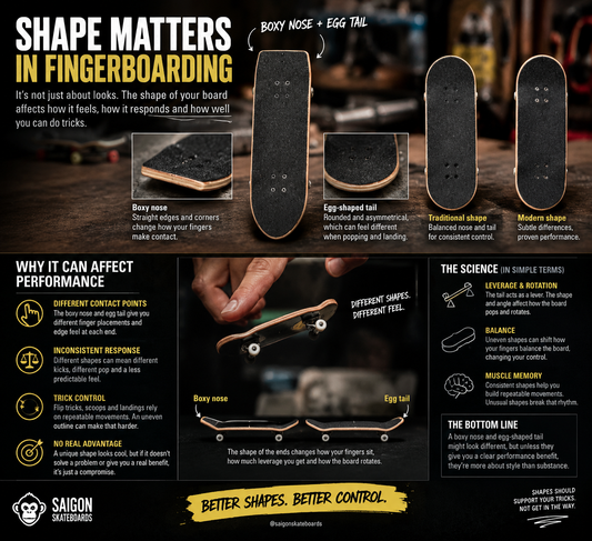 Fingerboard deck shape comparison showing how nose and tail geometry affects performance