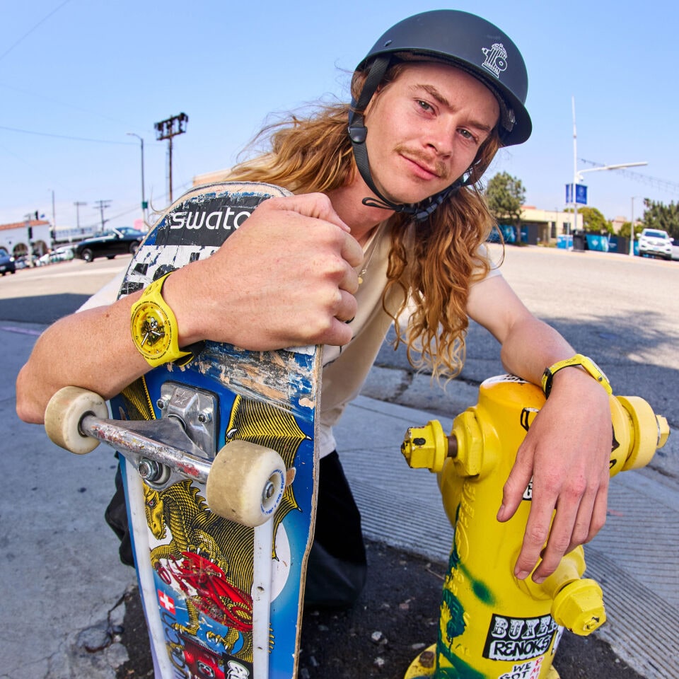 Andy Anderson skating in a helmet — the face of modern corporate skateboarding