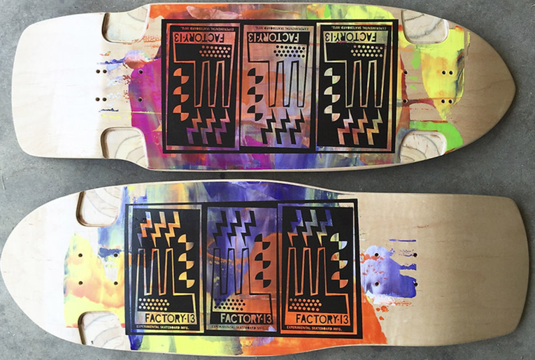 Handmade Factory 13 skateboard decks displayed in an American workshop