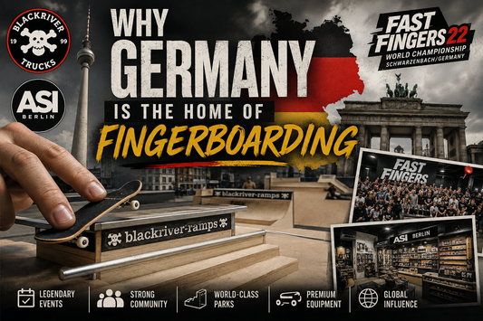 Fingerboard deck and miniature skatepark representing Germany's influence on fingerboarding culture