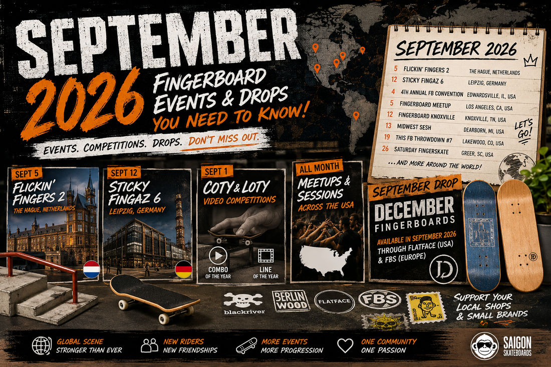 Fingerboard setup on a mini ramp representing September 2026 fingerboard events and deck drops