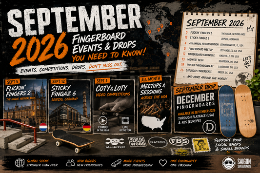 Fingerboard setup on a mini ramp representing September 2026 fingerboard events and deck drops