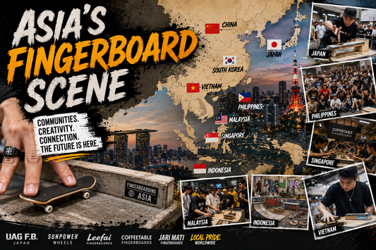 Map of Asia showing growing fingerboard communities in Japan, Vietnam, the Philippines, Singapore, Malaysia, Indonesia, and South Korea.