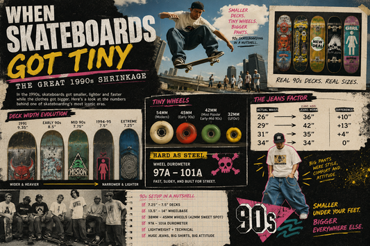 Illustration of a 1990s street skater setup — narrow deck, tiny wheels, and oversized baggy jeans representing the extreme equipment contrast of the era