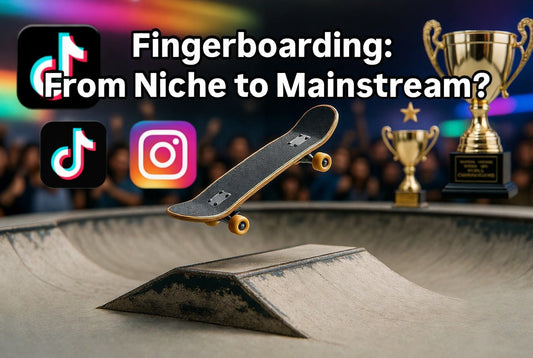 Fingerboarding deck and obstacles on a mini skate park setup