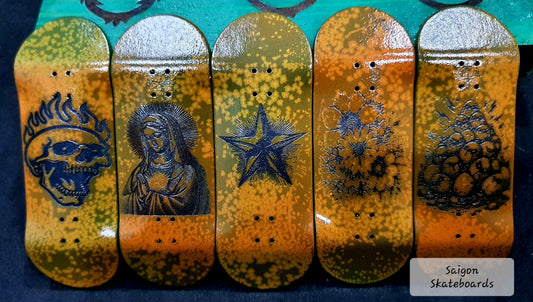 Saigon Skateboards Rust Revolution limited fingerboard deck collection with engraved graphics