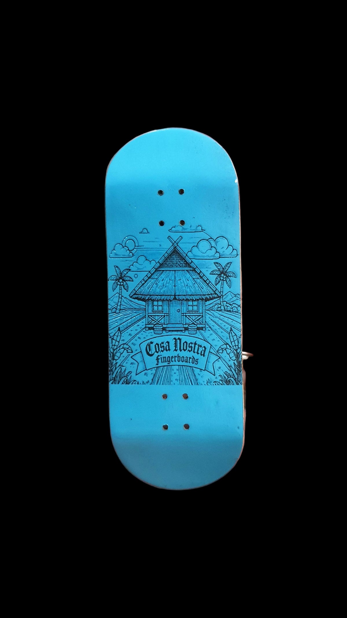 Blue fingerboard deck with central illustrated graphic and four bolt holes