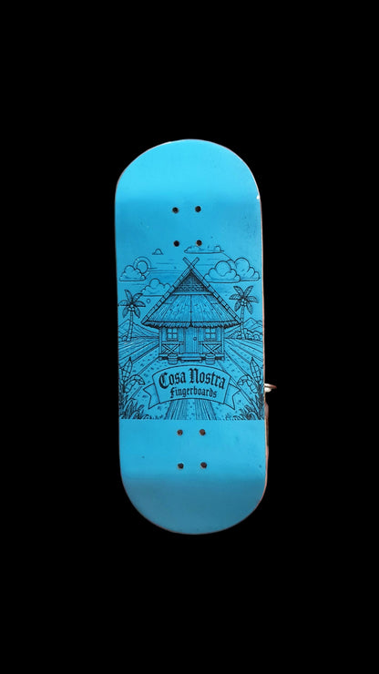 Blue fingerboard deck with central illustrated graphic and four bolt holes