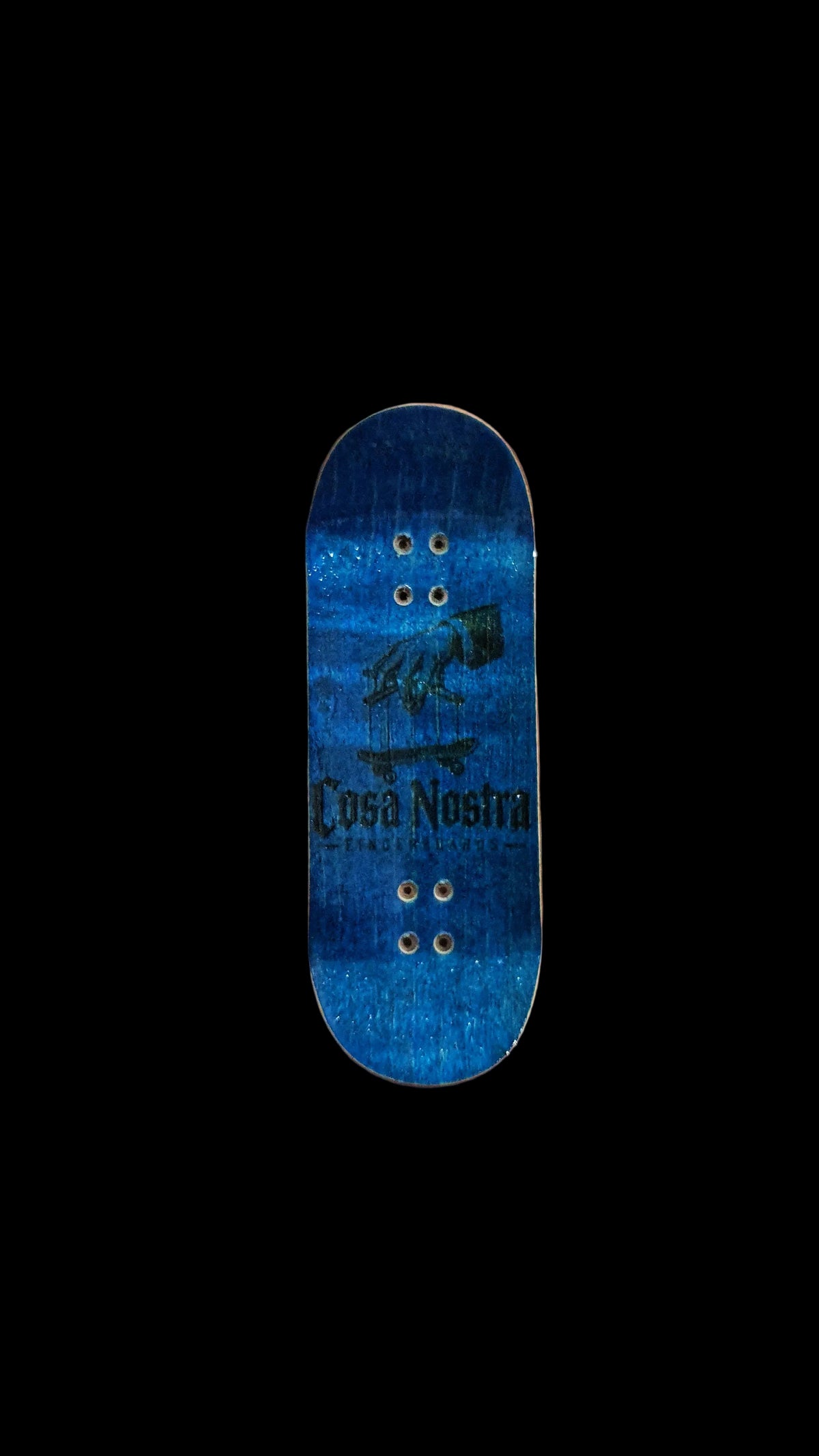Blue fingerboard deck with four bolt holes and Cosa Nostra graphic