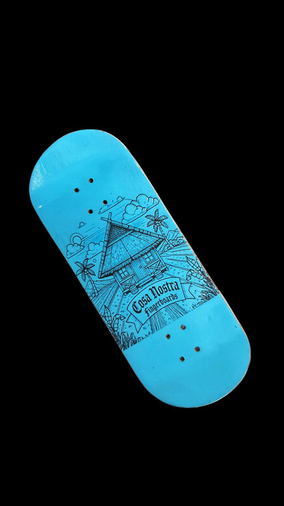 Blue fingerboard deck with illustrated pattern, four bolt holes