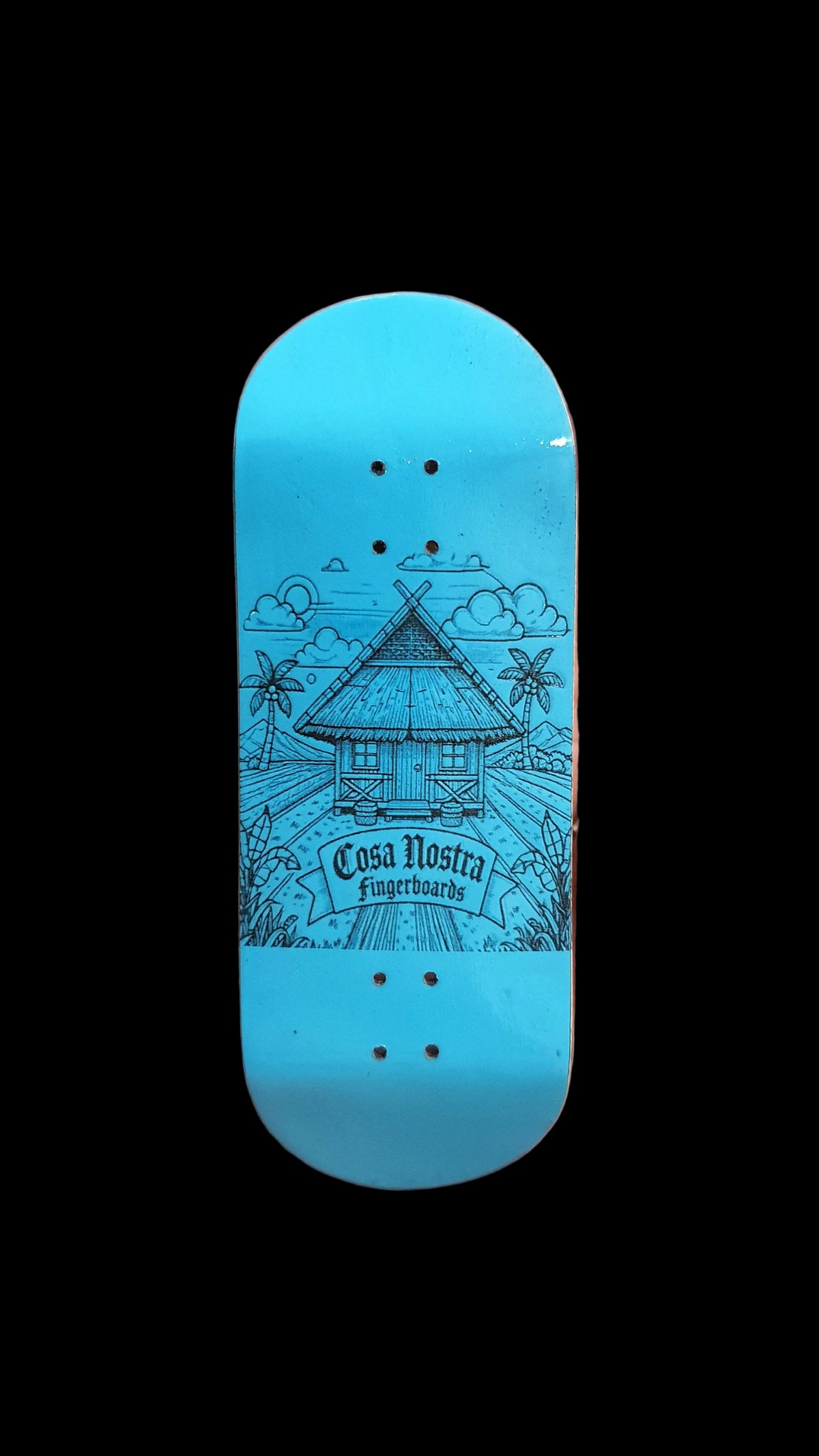 Blue fingerboard deck with outlined house illustration and four bolt holes