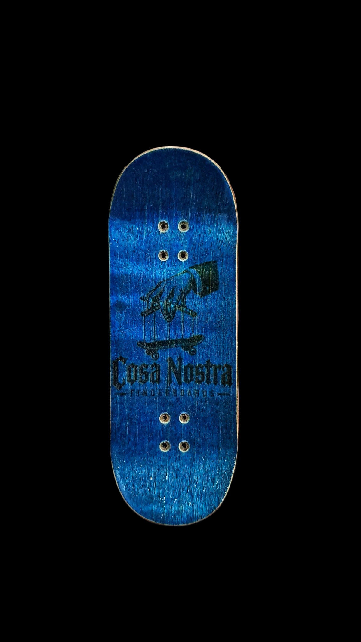 Blue fingerboard deck with Cosa Nostra graphic and four bolt holes