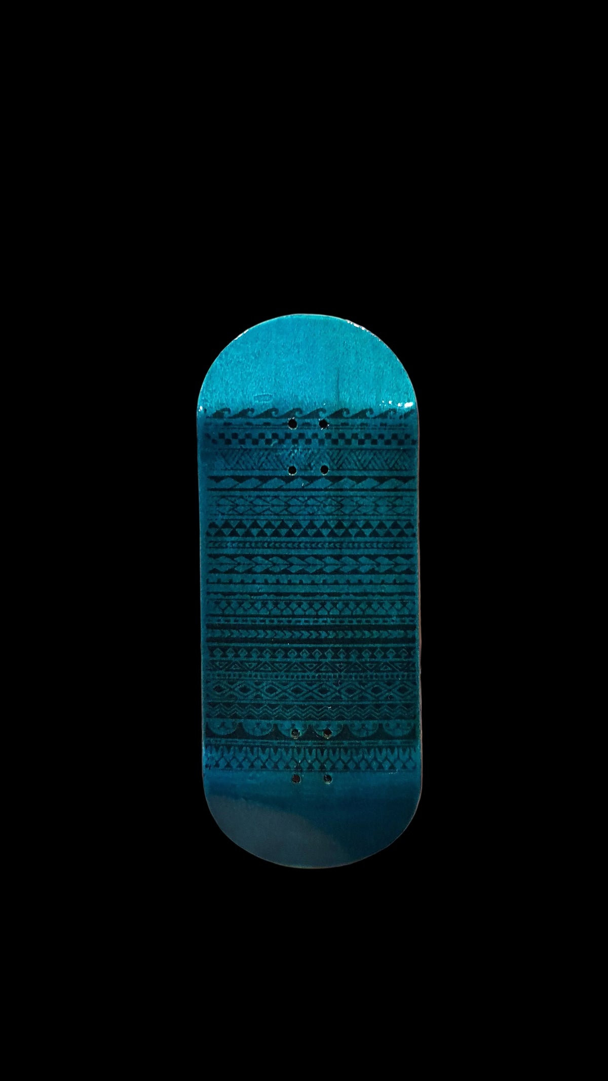 Blue fingerboard deck with dark patterned stripes and 4 mounting holes