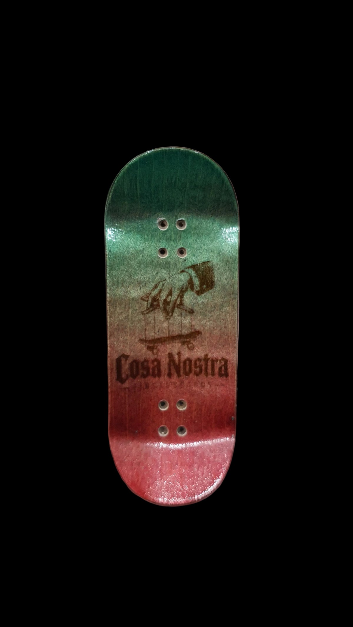 Green-to-red fingerboard deck with Cosa Nostra text and 4 mounting holes