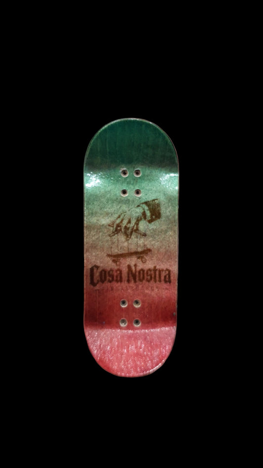 Green-to-red fingerboard deck showing Cosa Nostra graphic and 4 mounting holes