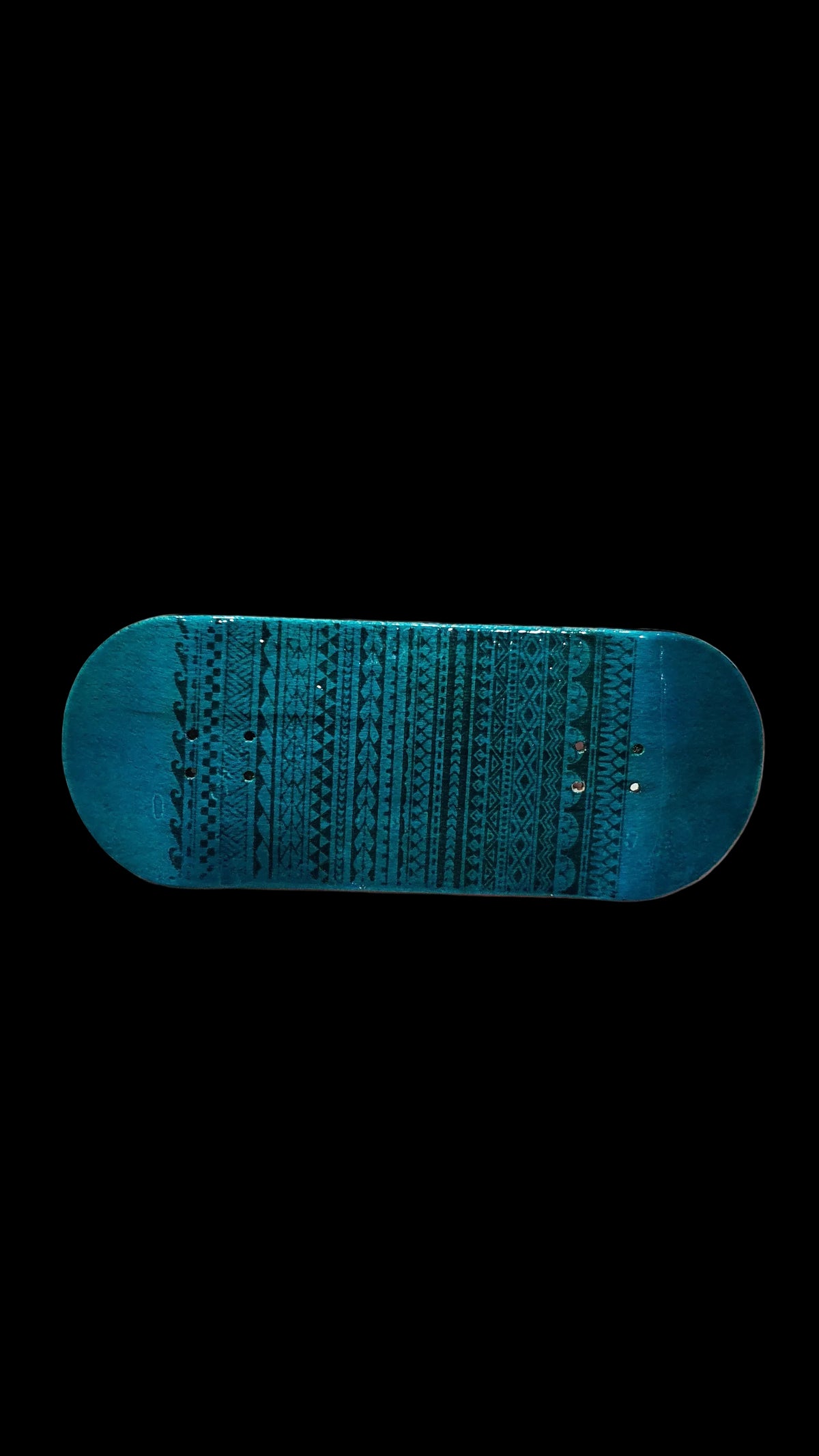 Blue fingerboard deck, top view with textured stripe pattern and 4 mounting holes