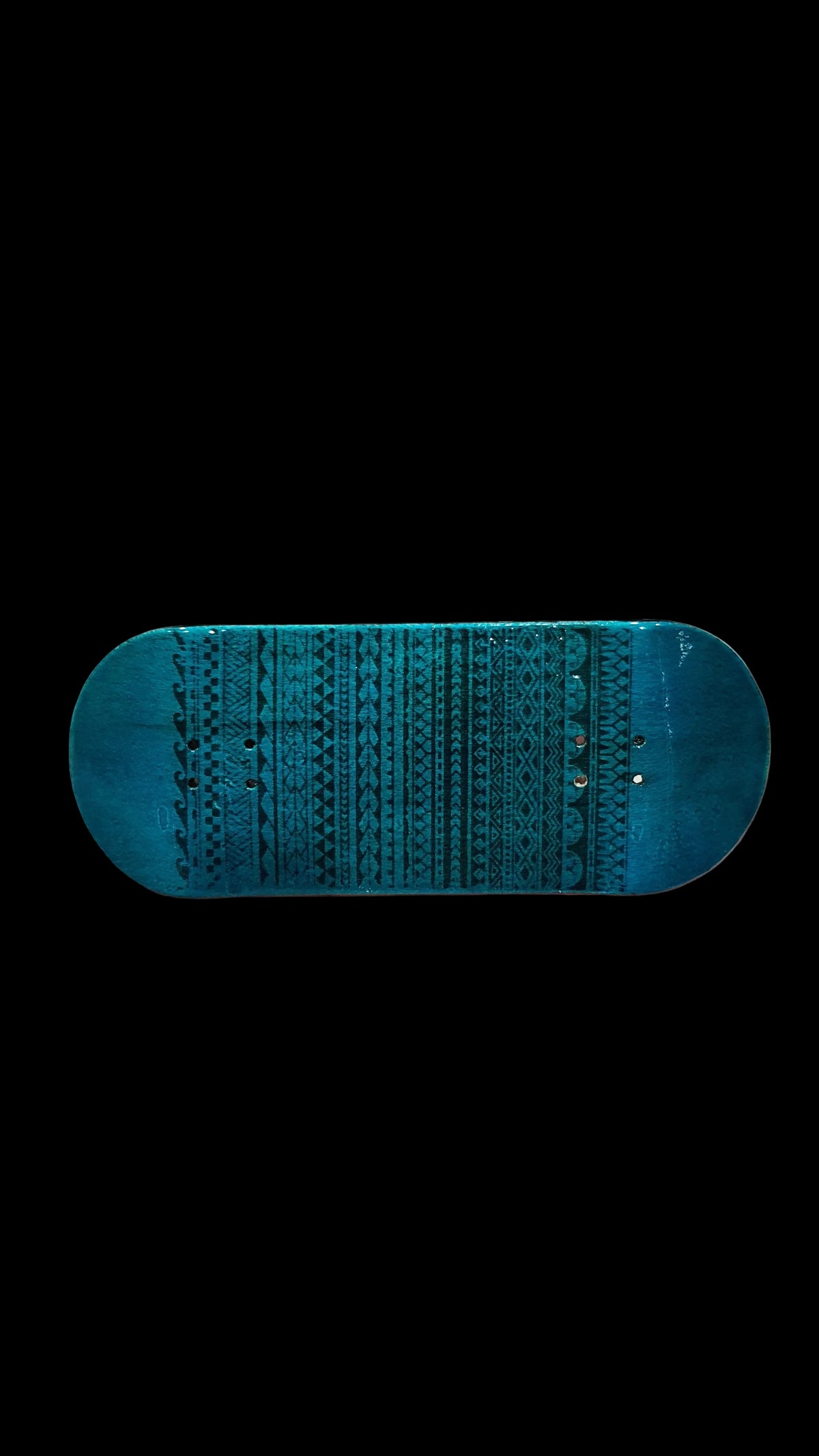 Blue fingerboard deck, horizontal view with textured stripe pattern and 4 mounting holes