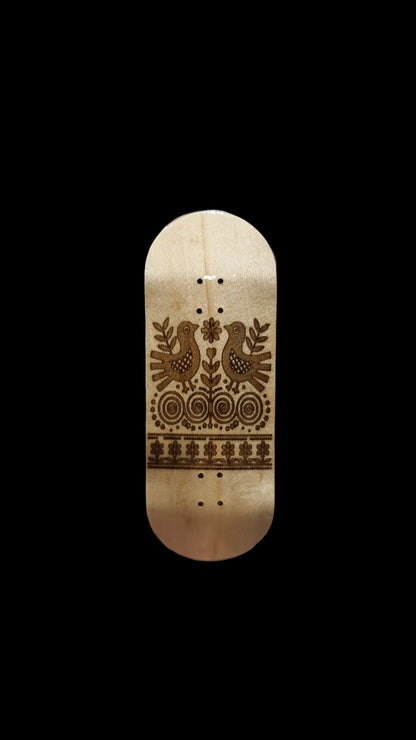 Fingerboard deck, natural wood with ornate decorative graphic, 34mm, 5-ply