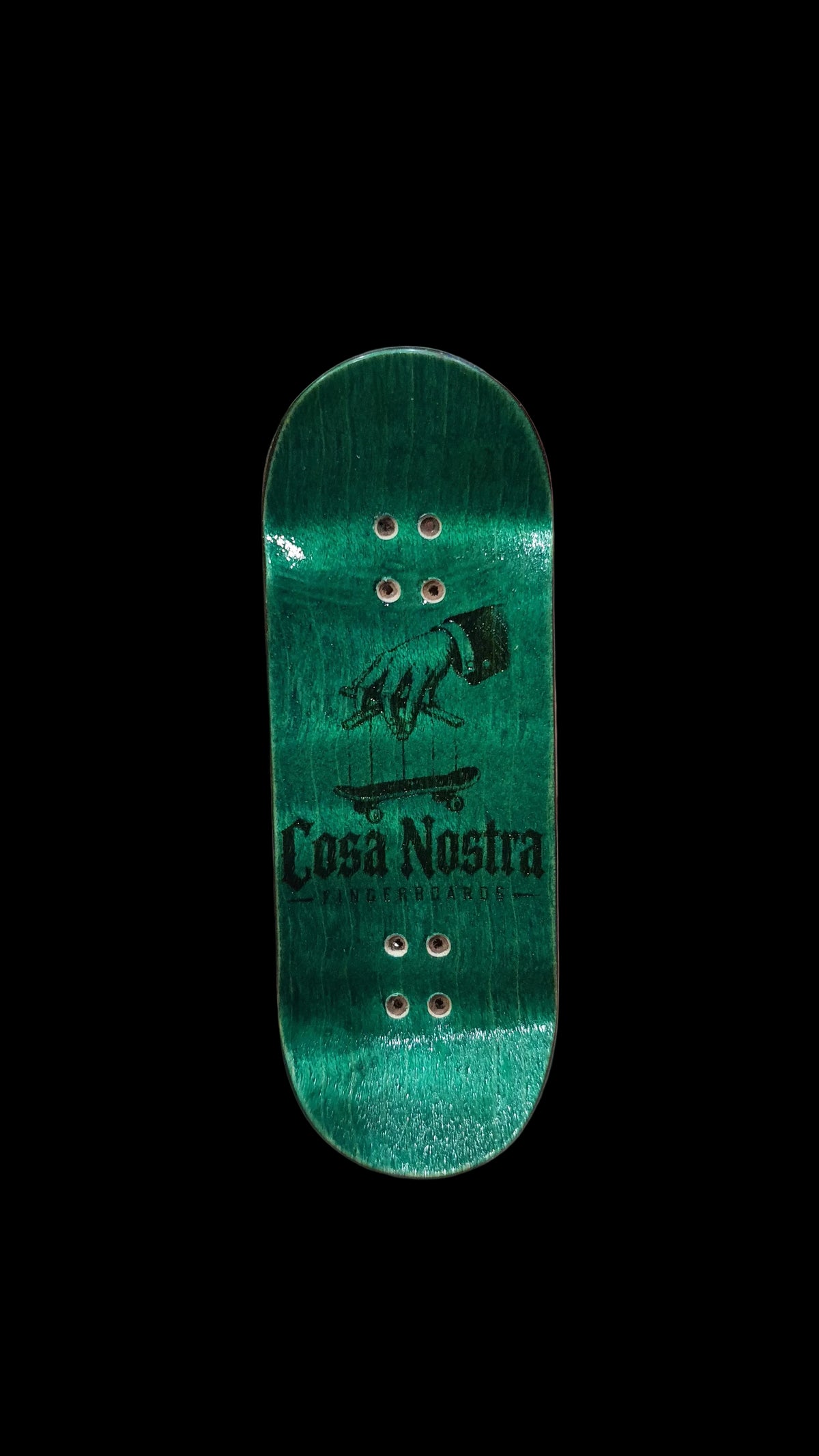 Fingerboard deck, teal-green with Cosa Nostra text and stylized graphic, 34mm, 5-ply