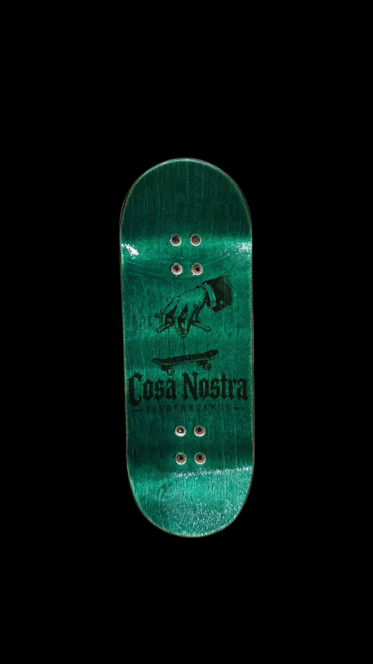 Fingerboard deck, teal-green with Cosa Nostra text and stylized graphic, 34mm, 5-ply