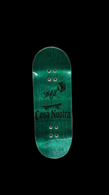 Fingerboard deck, teal-green with Cosa Nostra logo and graphic, 34mm, 5-ply