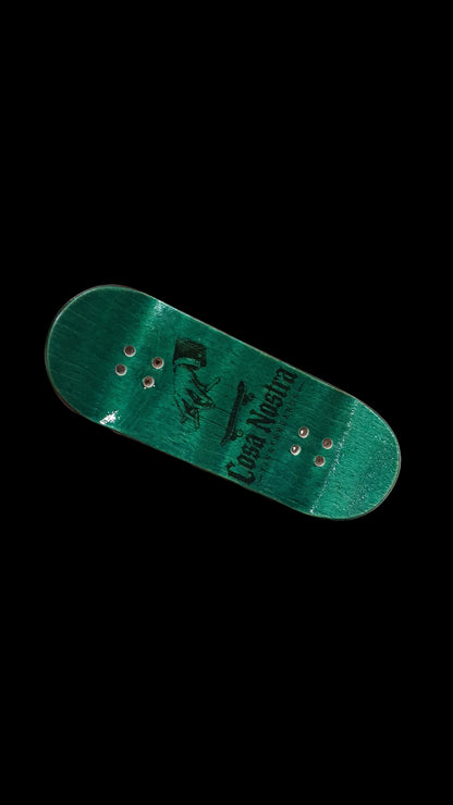 Fingerboard deck, teal-green with side graphic and Cosa Nostra mark, 34mm, 5-ply