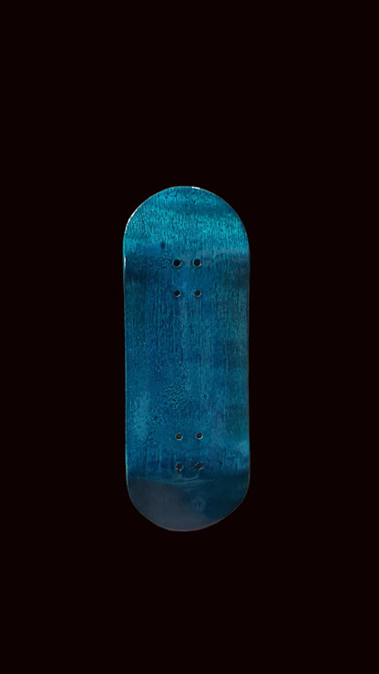Blue teal fingerboard deck, top view with six mounting holes and worn surface.