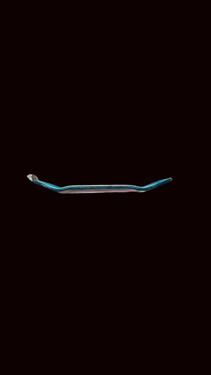Metal fingerboard tool with curved, narrow tips and blue-tinted finish.